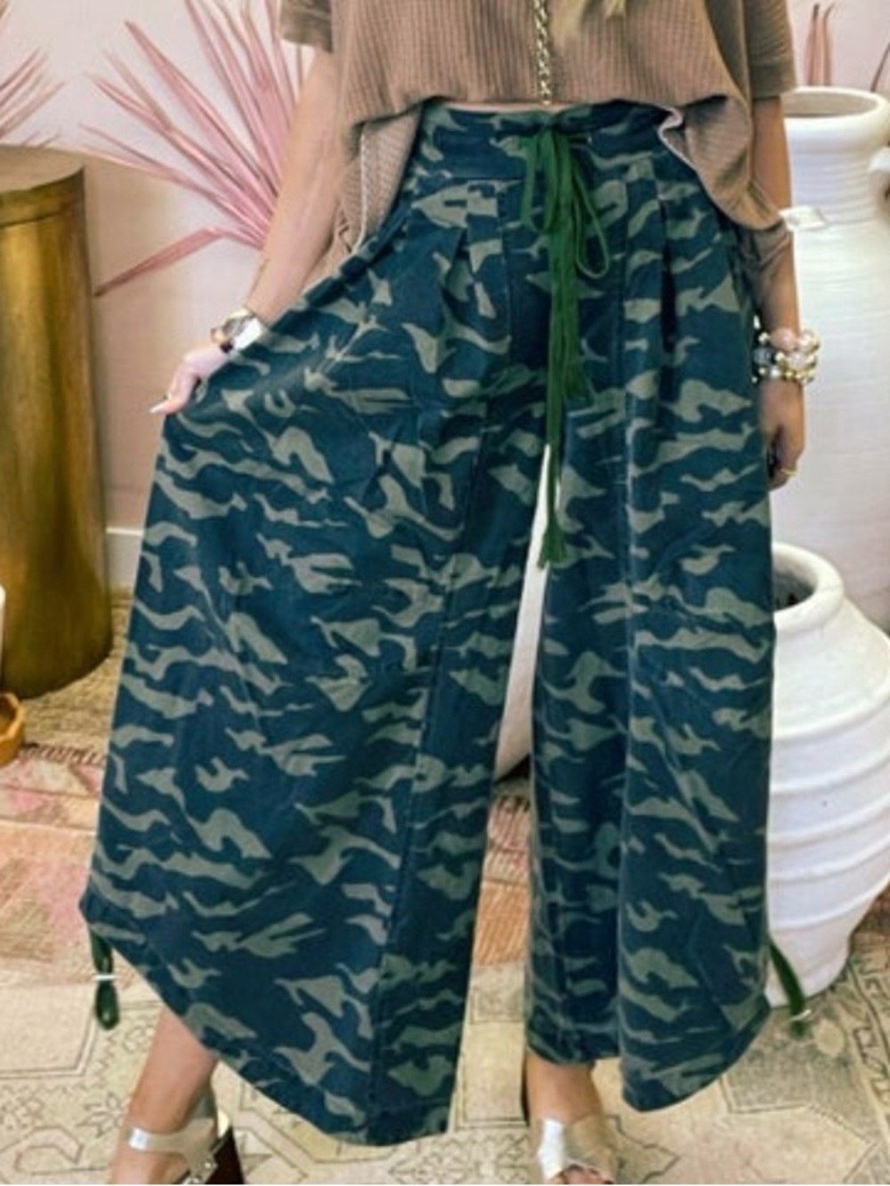 Blue Velvet Camo Wide Leg Boho Palazzo Drawstring Utility Cargo Pants Sz Large
